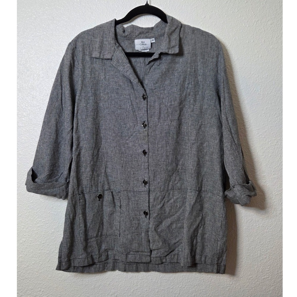 Linen Blend Micro Houndstooth Button Down Minimalist Quiet Luxury Office Capsule